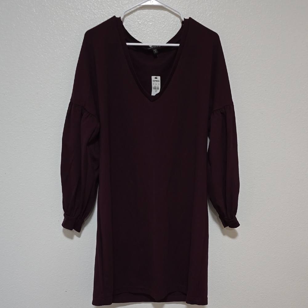 Express Red Sheath Dress with V-Neck and Bishop Sleeves